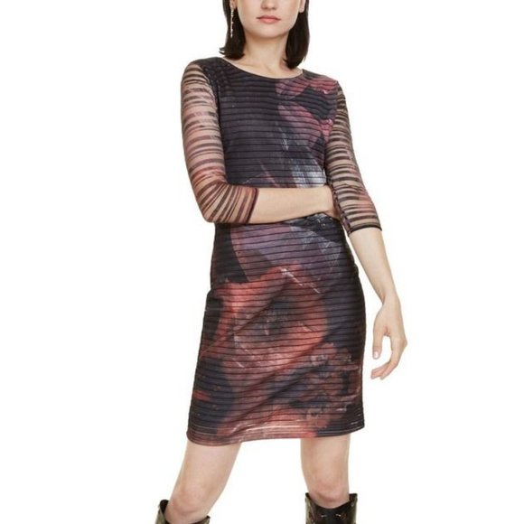 DESIGUAL Rosa Glam Abstract Floral Stripe Midi Sheath Dress M NWT - Picture 9 of 13